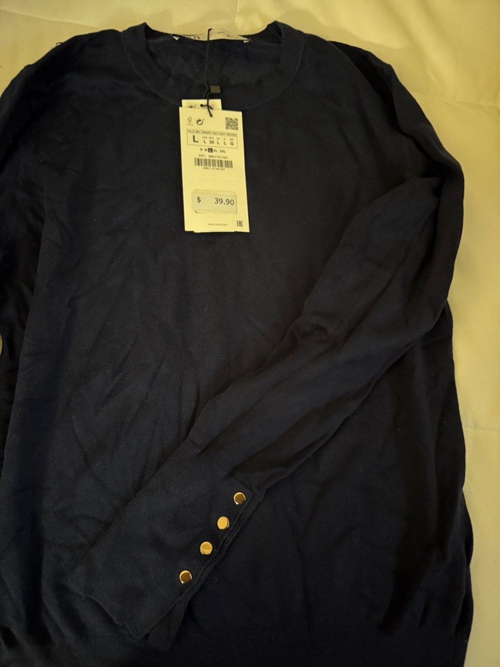 Zara Classic Navy Crewneck Sweater with Button Cuff